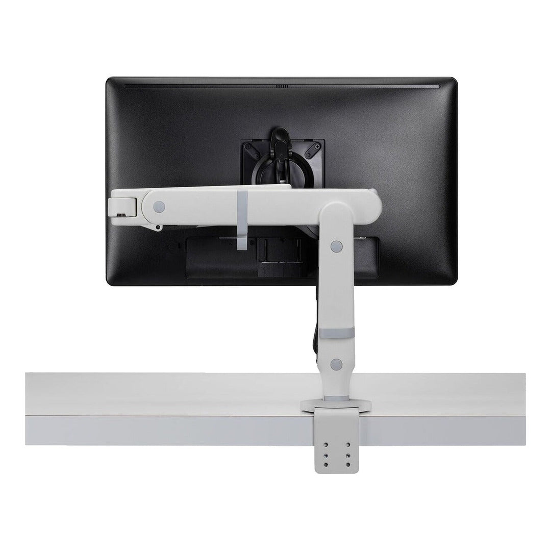 Colebrook Bosson Saunders Ollin monitor arm in white holding a screen, rear view showing the desk clamp, white background (CBS photograph)