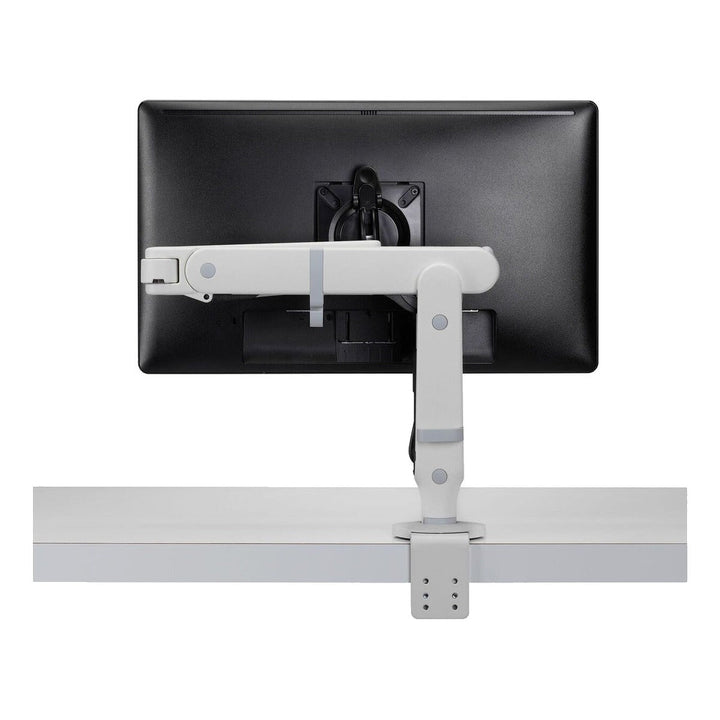Colebrook Bosson Saunders Ollin monitor arm in white holding a screen, rear view showing the desk clamp, white background (CBS photograph)