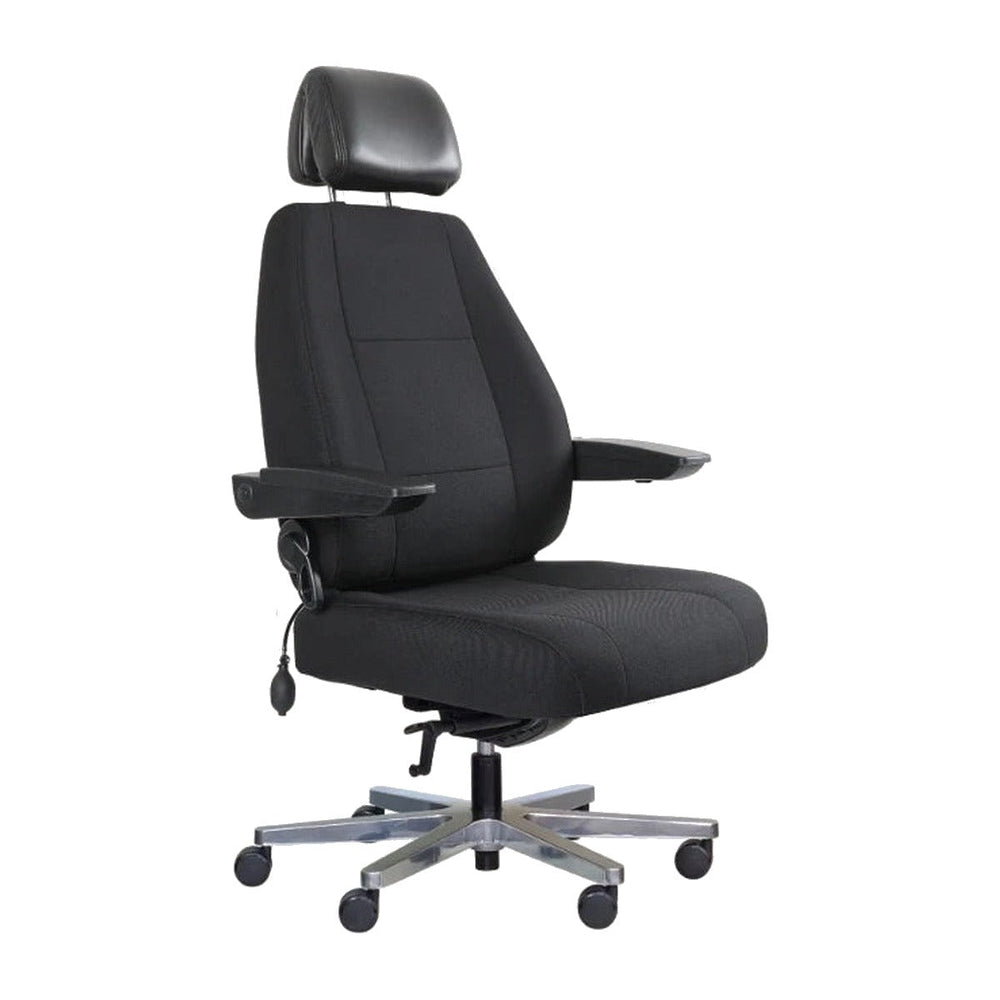Dal ControlMaster 24/7 chair in black fabric with headrest and lumbar pump, front three-quarter view - Chair Dinkum Australia