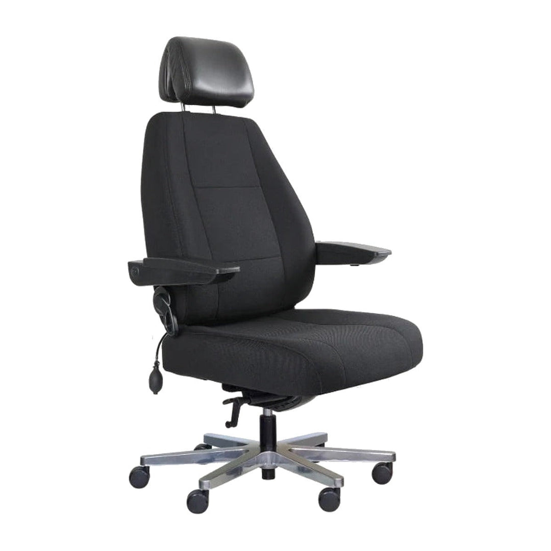 Dal ControlMaster 24/7 chair in black fabric with headrest and lumbar pump, front three-quarter view - Chair Dinkum Australia