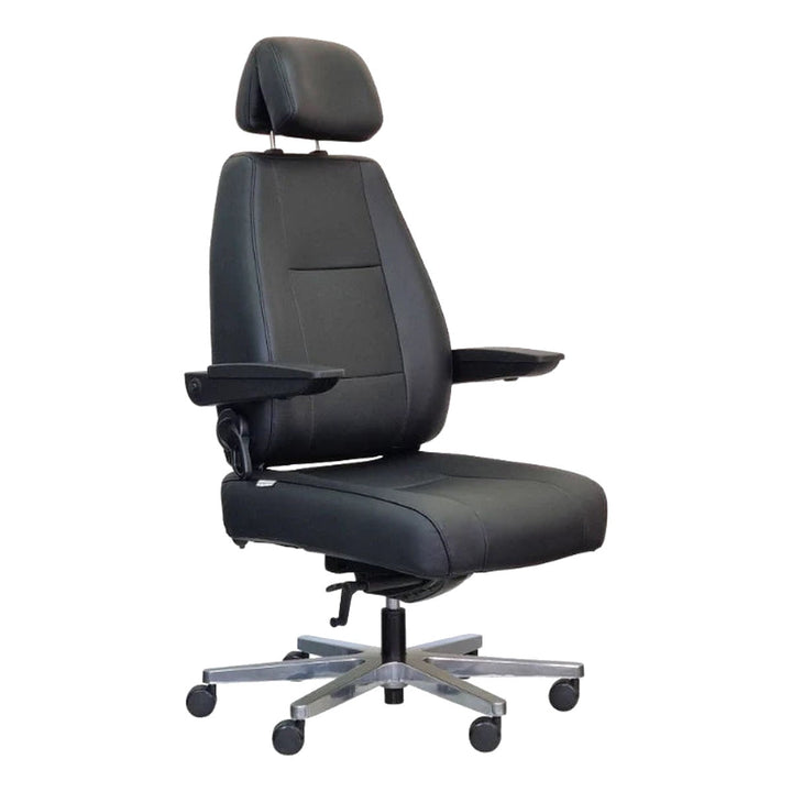 Dal ControlMaster 24/7 chair in black leather with headrest, front three-quarter view - Chair Dinkum Australia