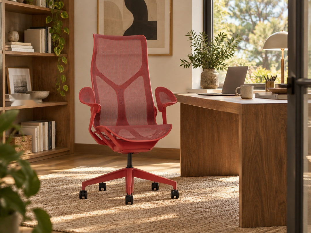Herman Miller Cosm high back chair in Canyon with Leaf Arms at a timber desk in a home office - Chair Dinkum Australia