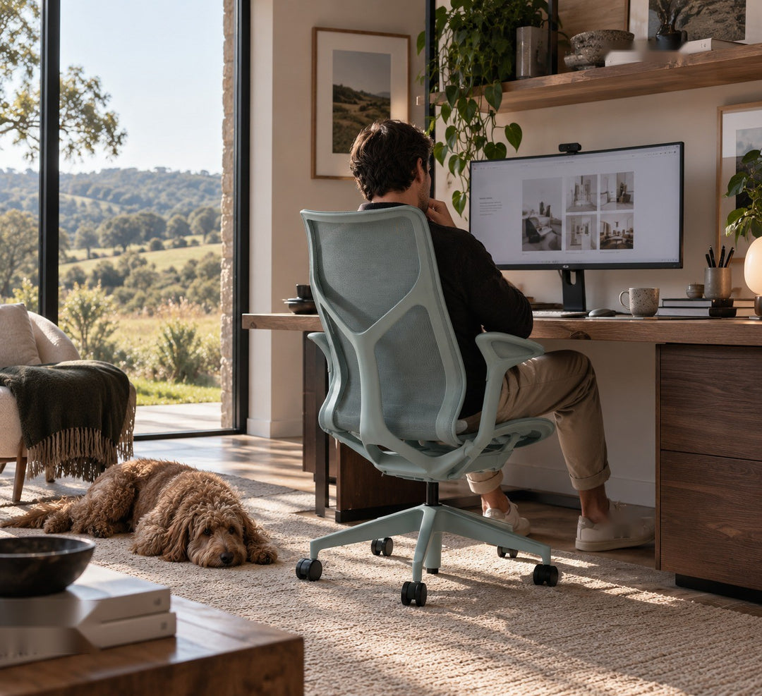Herman Miller Cosm high back chair in Glacier with Leaf Arms, seen from behind with a man seated at a timber desk looking out over countryside - Chair Dinkum Australia