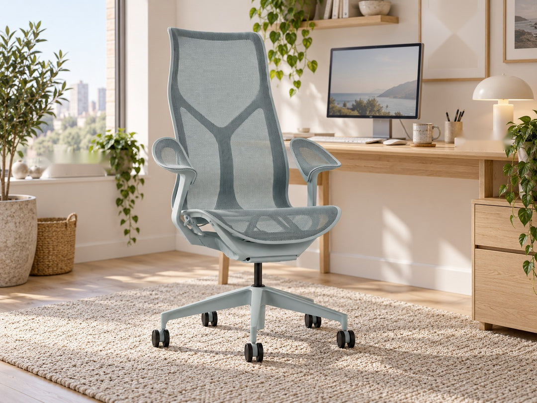 Herman Miller Cosm high back chair in Glacier with Leaf Arms at a timber desk in a home office - Chair Dinkum Australia