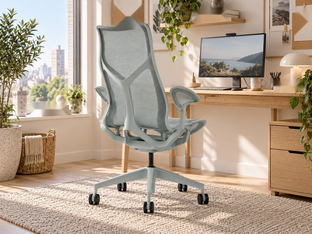 Herman Miller Cosm high back chair in Glacier with Leaf Arms, rear three-quarter view in a home office - Chair Dinkum Australia