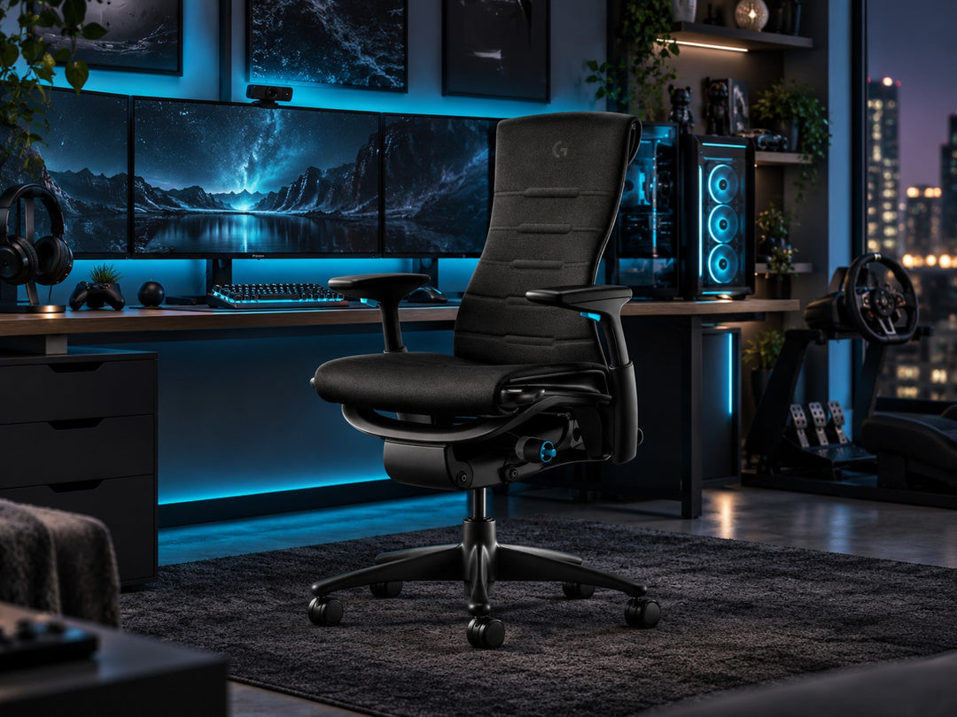 Herman Miller Embody Gaming Chair in Black and Cyan at a desk by a city window - Chair Dinkum Australia