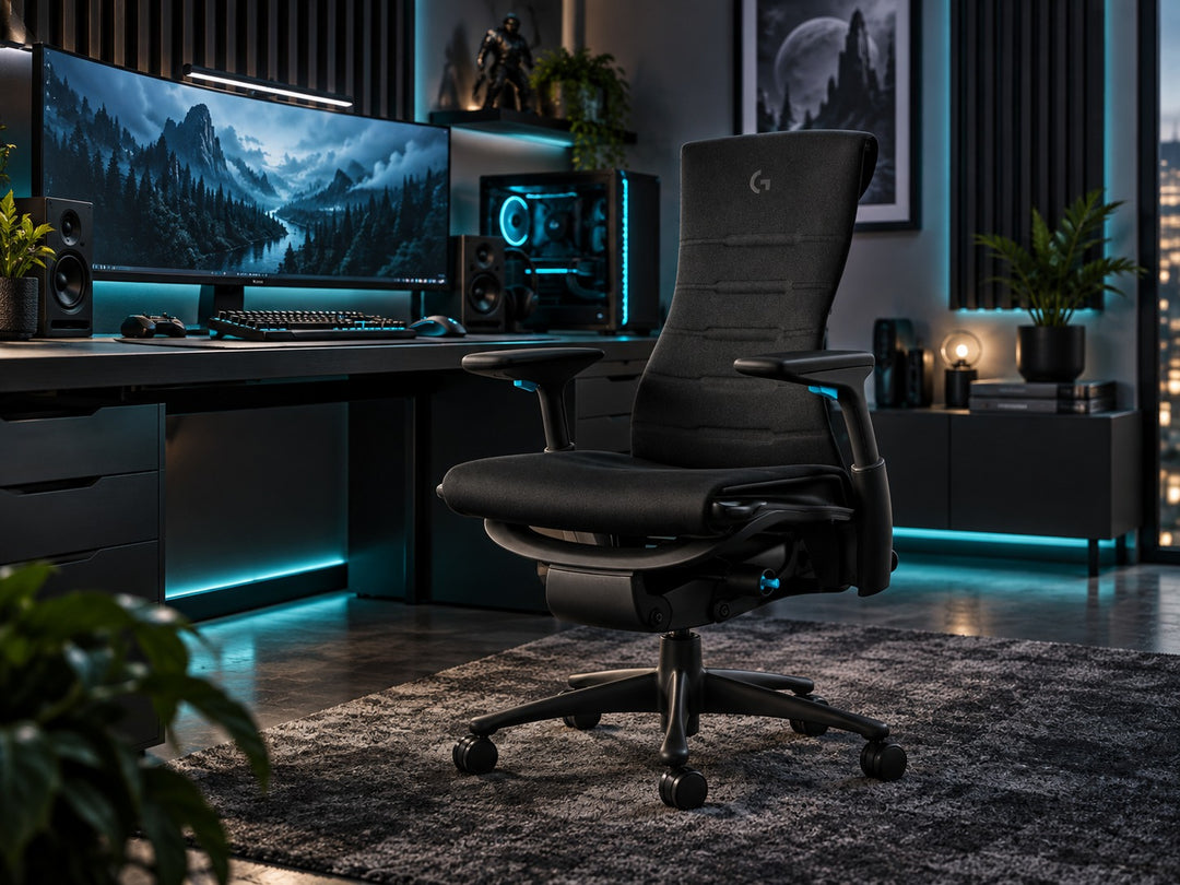 Herman Miller Embody Gaming Chair in Black and Cyan at a gaming desk, front three-quarter view - Chair Dinkum Australia