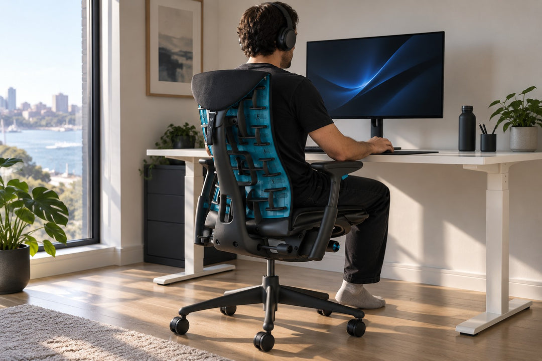 Herman Miller Embody Gaming Chair in Black and Cyan from behind, showing the Pixelated Support back while seated at a home office desk - Chair Dinkum Australia