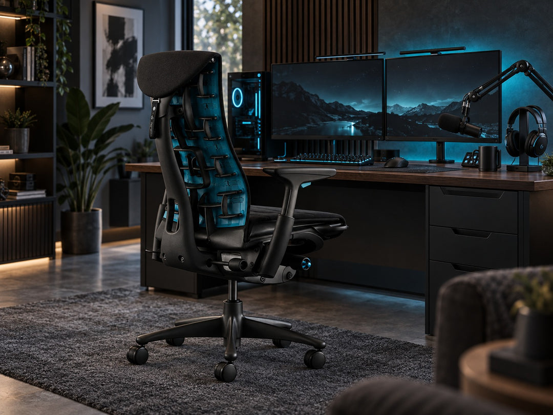 Herman Miller Embody Gaming Chair in Black and Cyan from behind, showing the cyan spine and flexible ribs - Chair Dinkum Australia