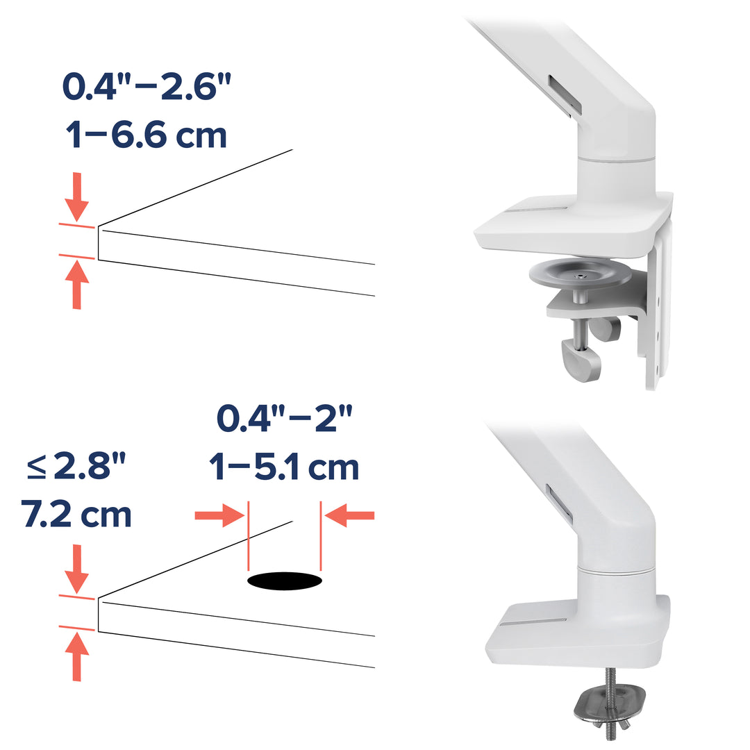 Diagram of the Ergotron HX desk clamp and grommet mount with desk-thickness ranges