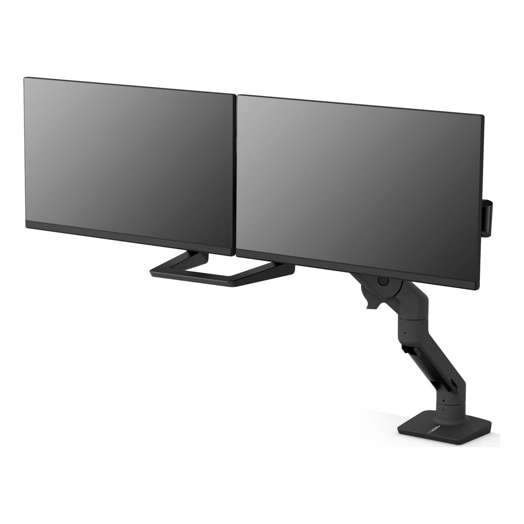 Ergotron HX Desk Dual Monitor Arm in matte black holding two screens side by side, front view