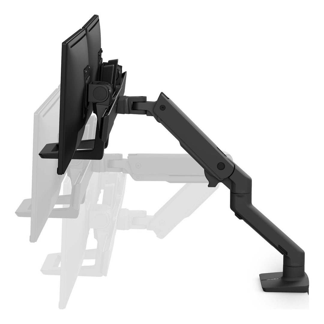 Ergotron HX Desk Dual Monitor Arm in matte black shown at its high and low positions