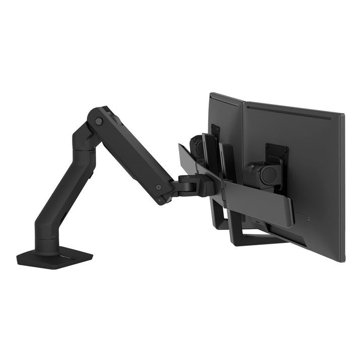 Ergotron HX Desk Dual Monitor Arm in matte black holding two screens on its hinge bow