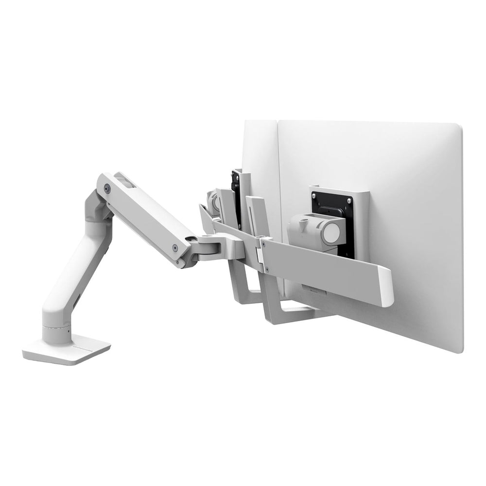 Ergotron HX Desk Dual Monitor Arm in white holding two screens on its hinge bow