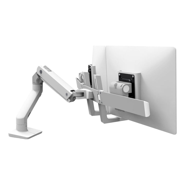 Ergotron HX Desk Dual Monitor Arm in white holding two screens on its hinge bow