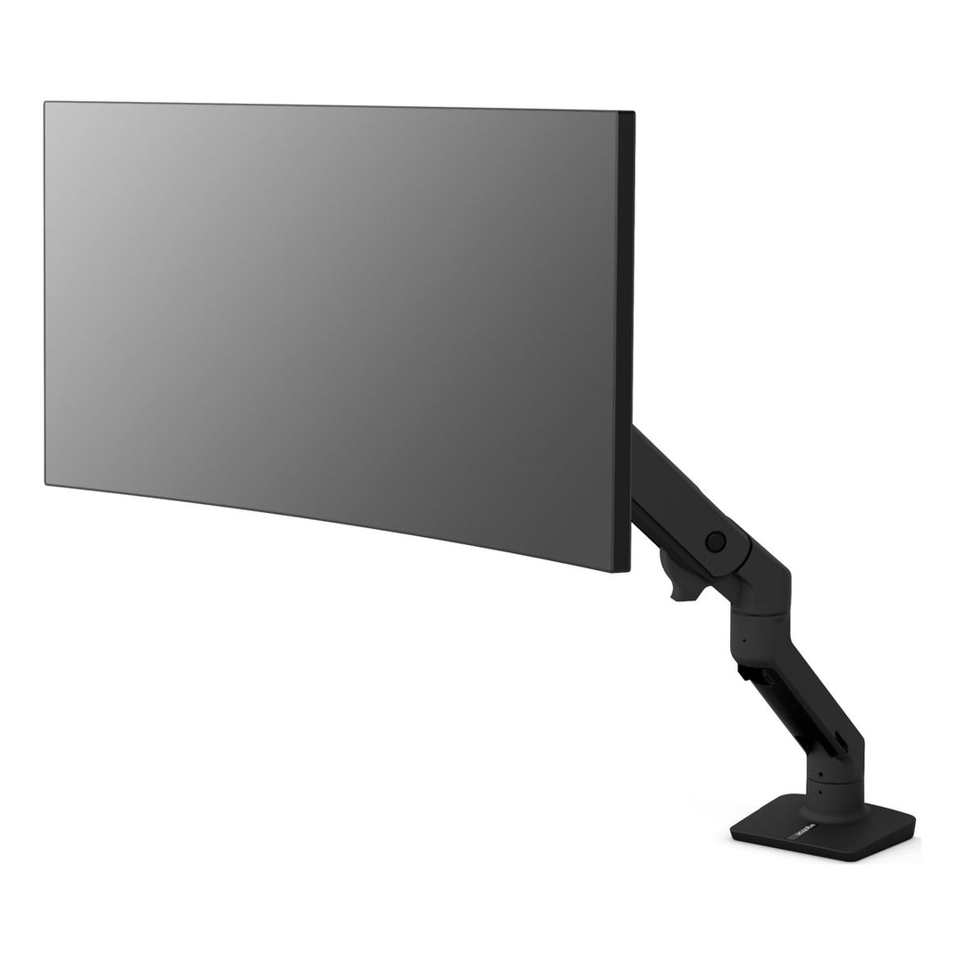Ergotron HX Desk Monitor Arm in matte black holding a large curved screen, front view