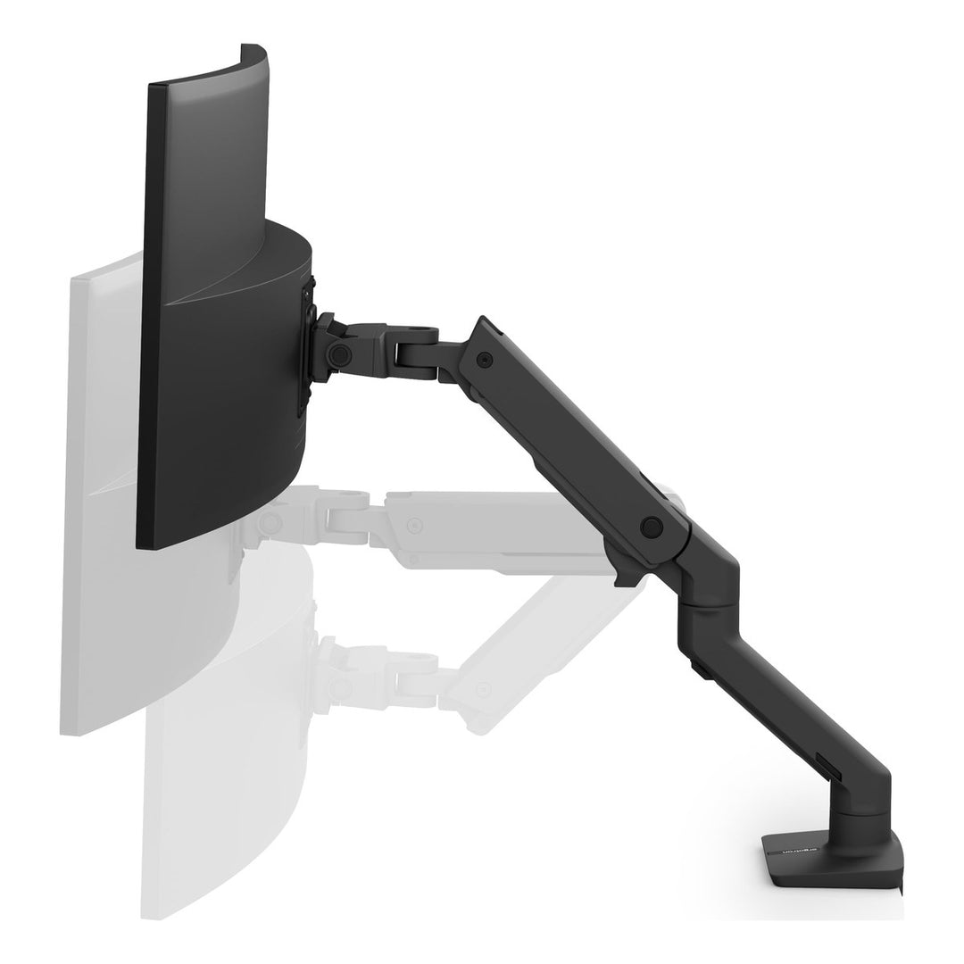 Ergotron HX Desk Monitor Arm in matte black shown at its high and low positions with a curved screen