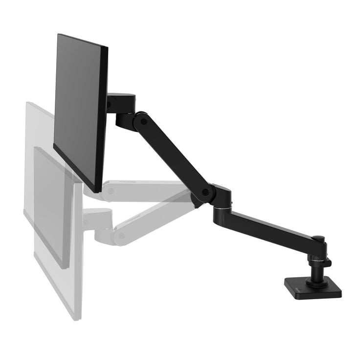 Matte black Ergotron LX Pro Desk Monitor Arm shown at its high and low positions