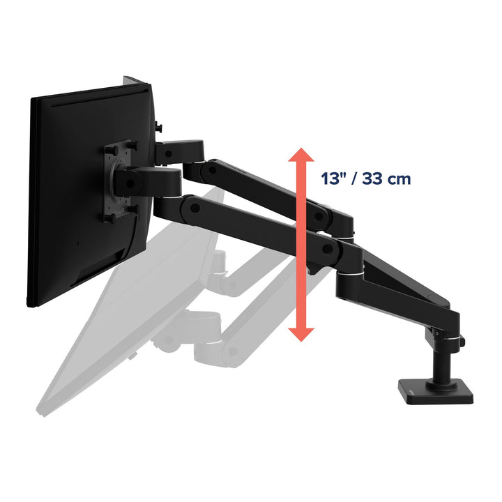 Matte black Ergotron LX Pro Dual Side-by-Side Arm shown at its high and low positions