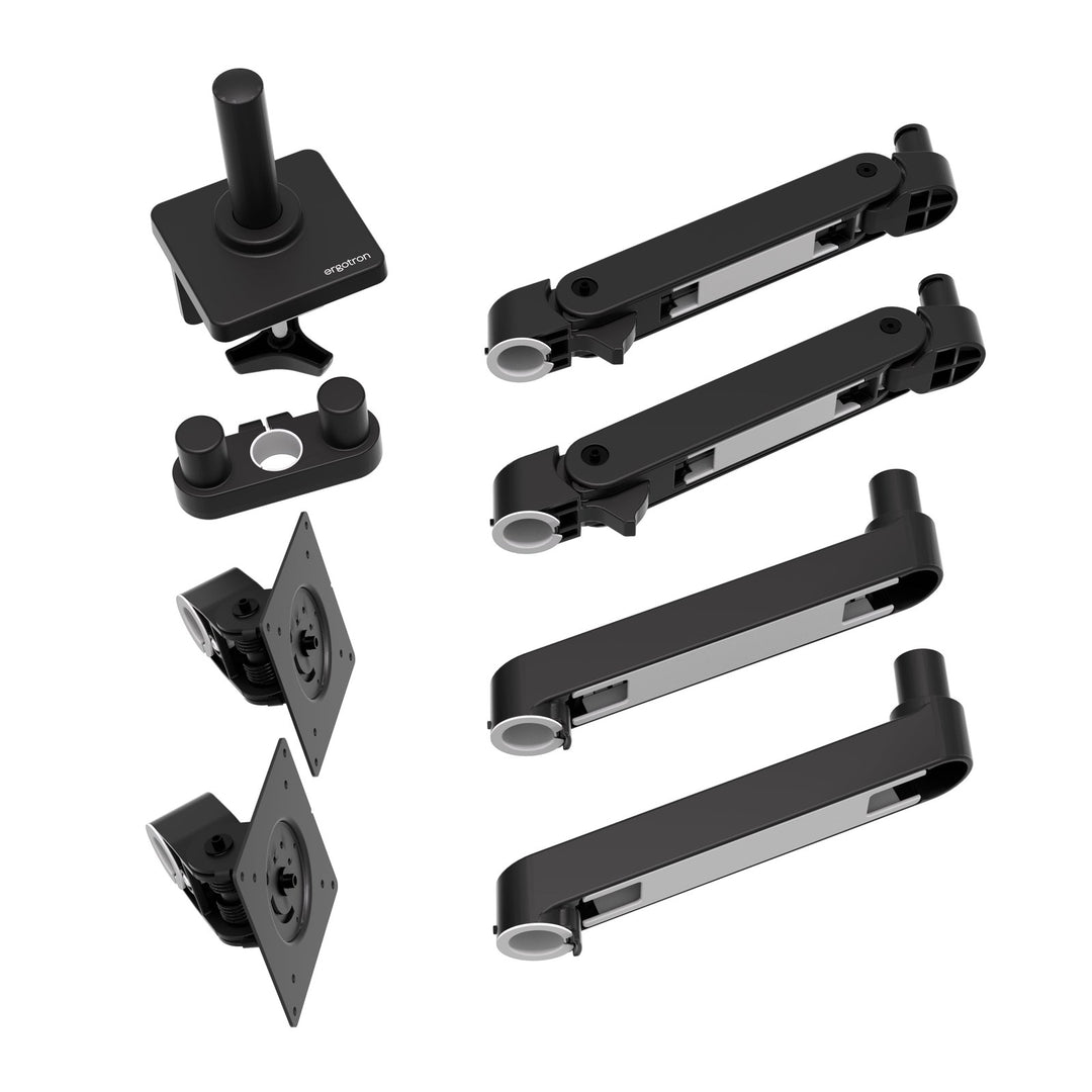 The parts of a matte black Ergotron LX Pro Dual Side-by-Side Arm laid out: base and pole, two arms, two extensions and two monitor pivots