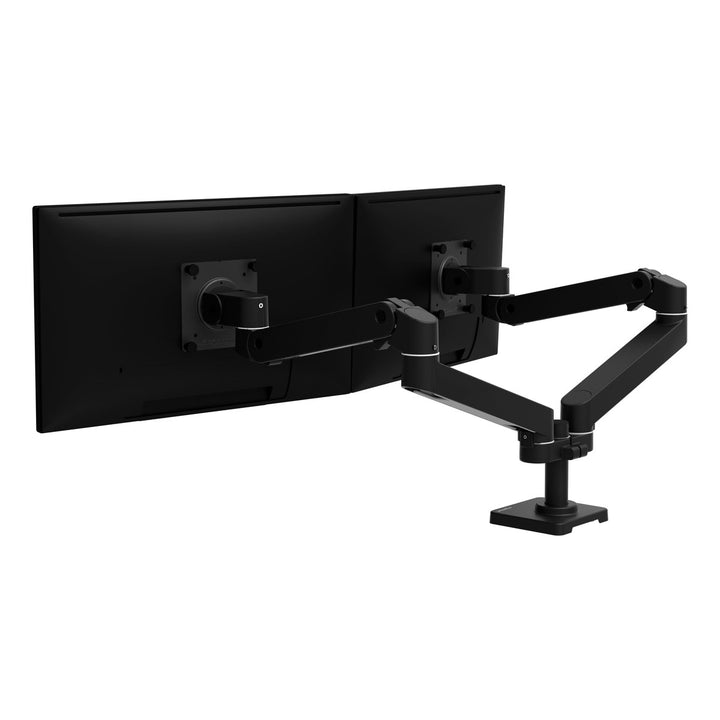 Ergotron LX Pro Dual Side-by-Side Arm in matte black, rear view with two screens side by side