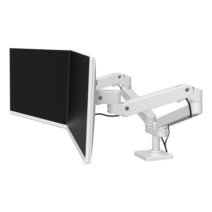 Ergotron LX Pro Dual Side-by-Side Arm in white with two screens angled in, cables routed down the pole