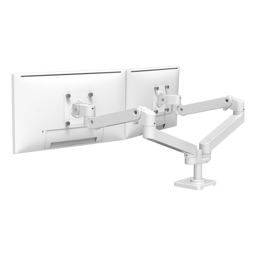 Ergotron LX Pro Dual Side-by-Side Arm in white holding two screens, rear view