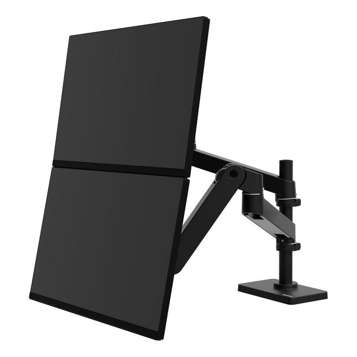 Ergotron LX Pro Dual Stacking Arm in matte black with two screens stacked, front three-quarter view