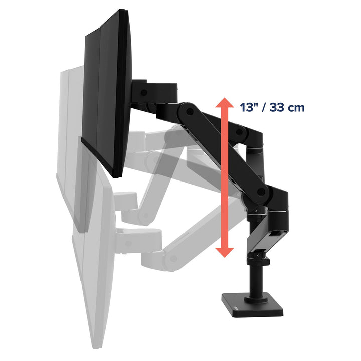 Matte black Ergotron LX Pro Dual Stacking Arm shown at its high and low positions