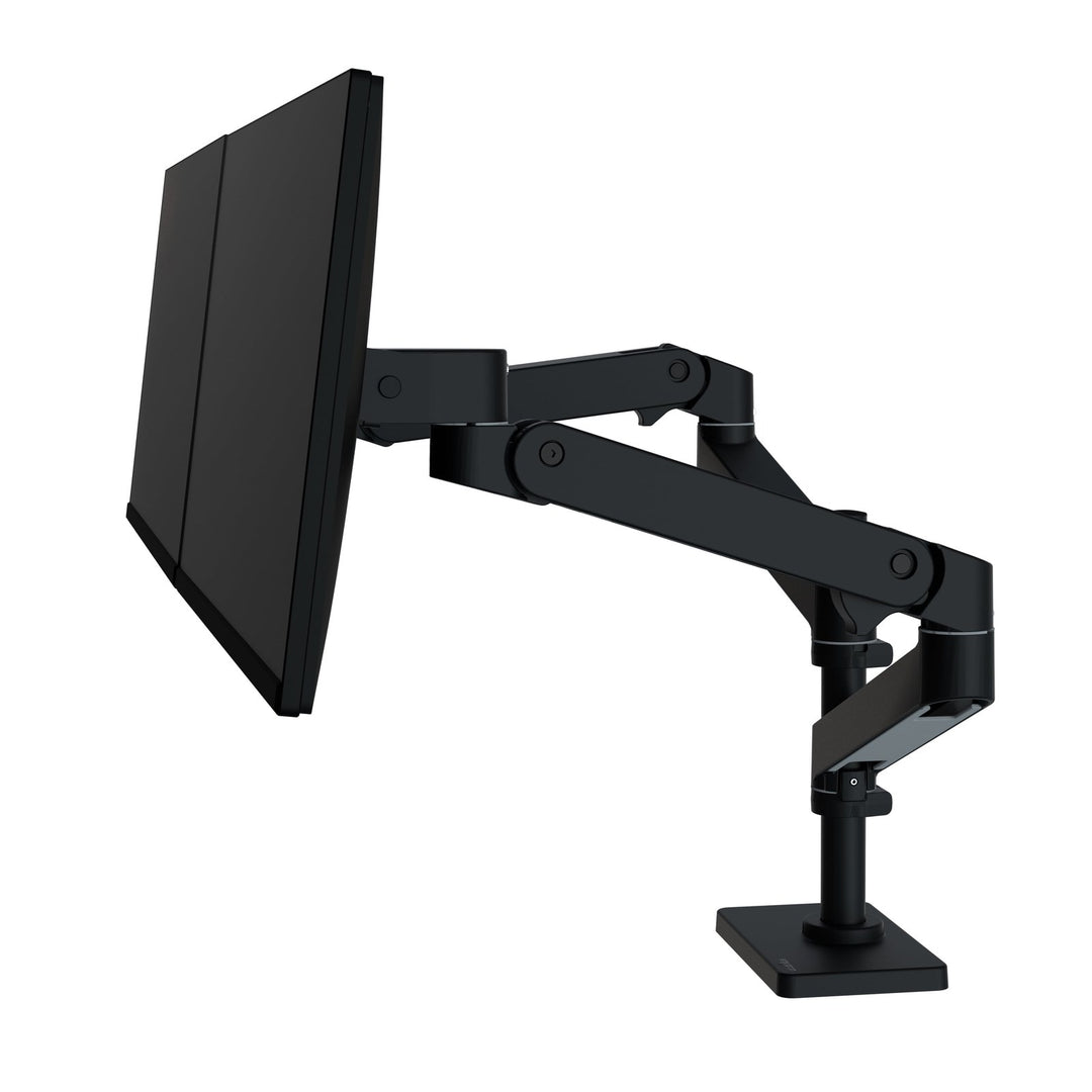 Matte black Ergotron LX Pro Dual Stacking Arm with two screens stacked and tilted