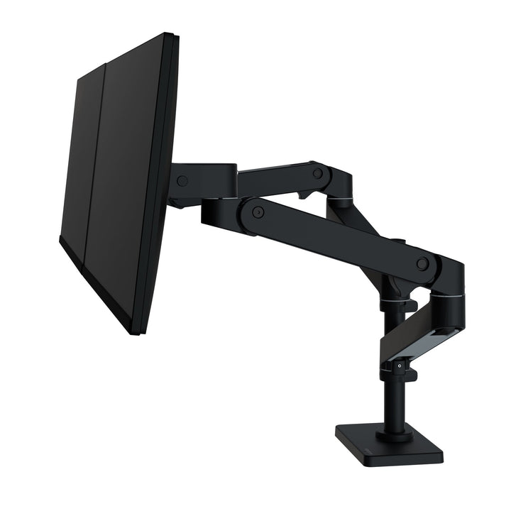 Matte black Ergotron LX Pro Dual Stacking Arm with two screens stacked and tilted