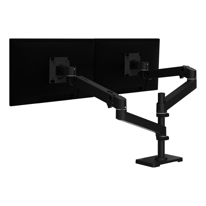 Ergotron LX Pro Dual Stacking Arm in matte black with its two arms set side by side holding two screens