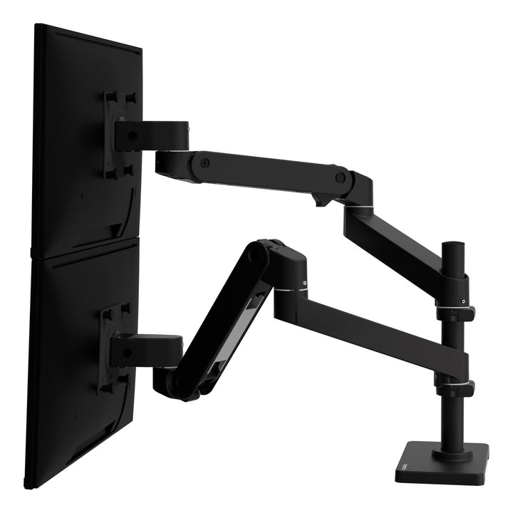 Ergotron LX Pro Dual Stacking Arm in matte black holding two screens one above the other