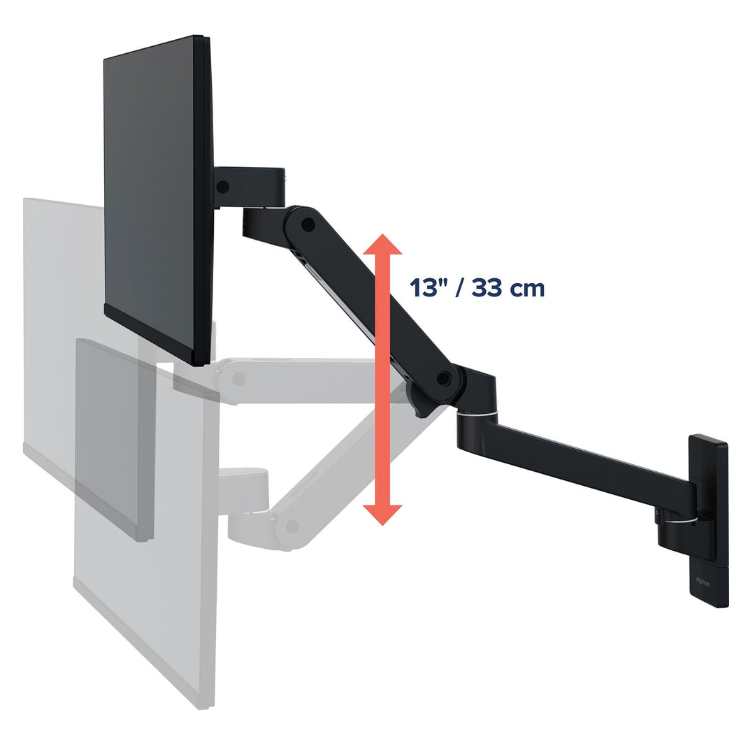 Matte black Ergotron LX Pro Wall Monitor Arm shown at its high and low positions