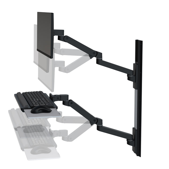 Ergotron LX Pro Wall Mount System, shown in black, at its high and low positions
