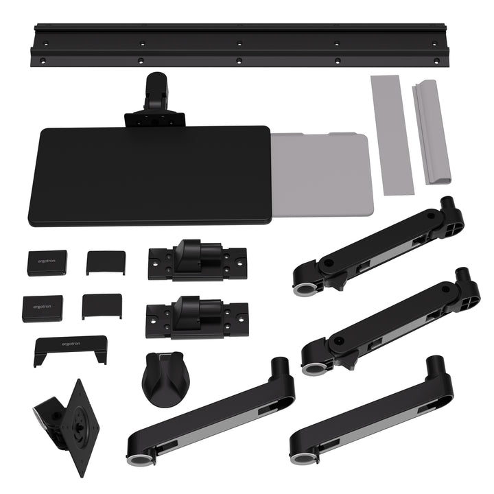 The parts of an Ergotron LX Pro Wall Mount System laid out, shown in black