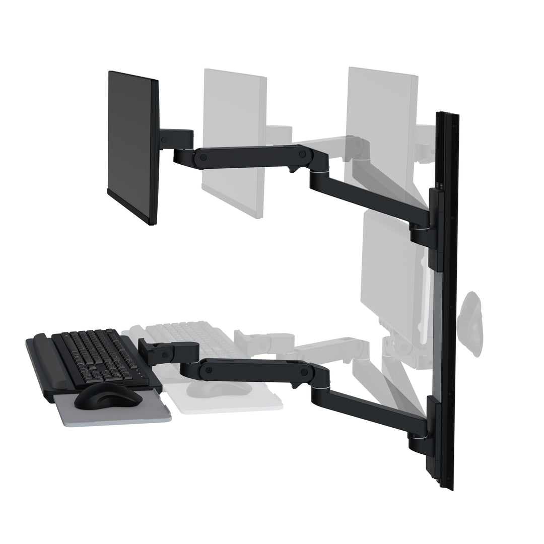 Ergotron LX Pro Wall Mount System, shown in black, at three positions as the arms extend