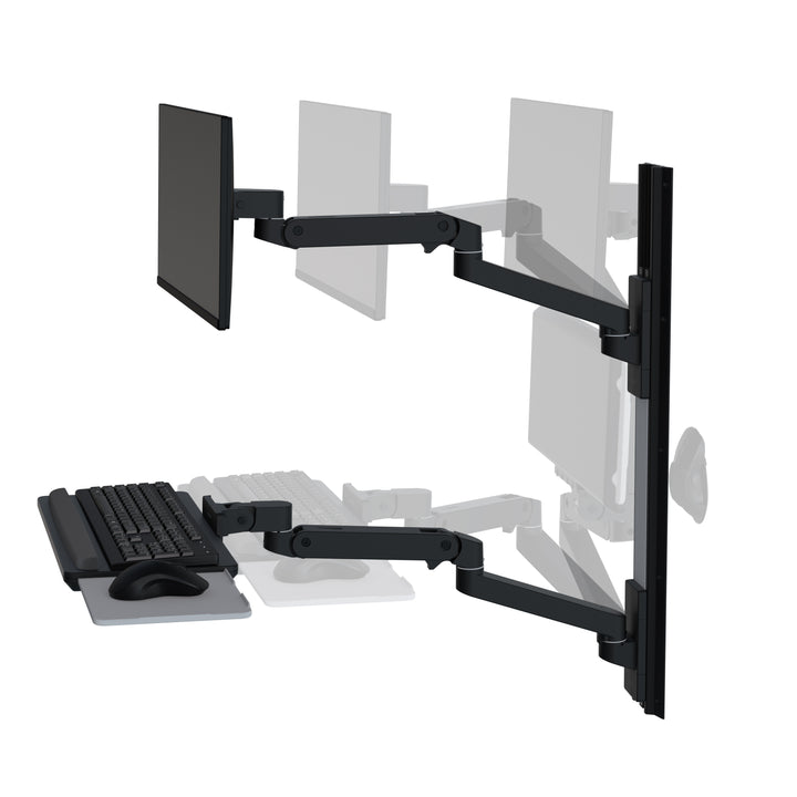 Ergotron LX Pro Wall Mount System, shown in black, at three positions as the arms extend