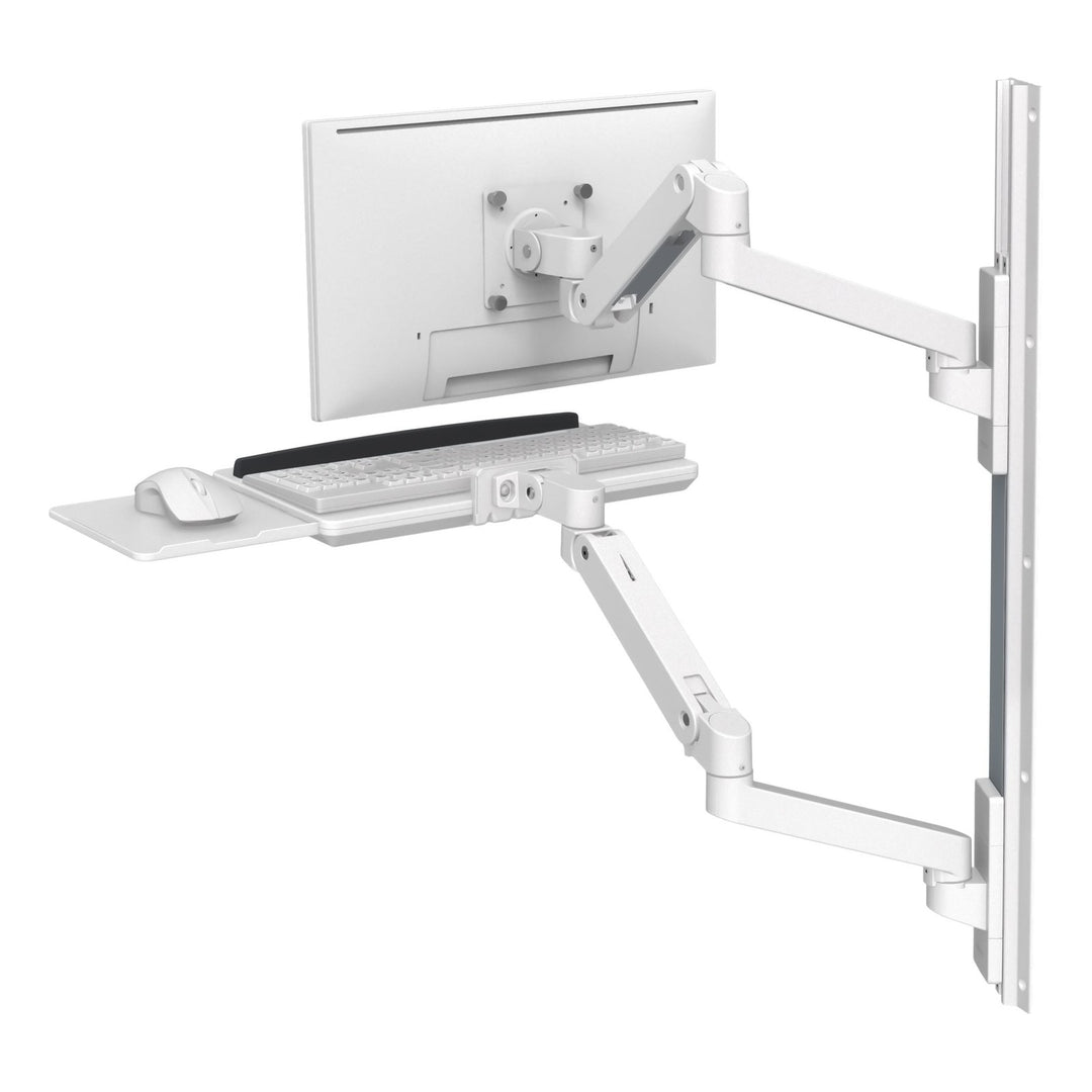Ergotron LX Pro Wall Mount System in white, rear three-quarter view showing the monitor arm, keyboard arm and wall track