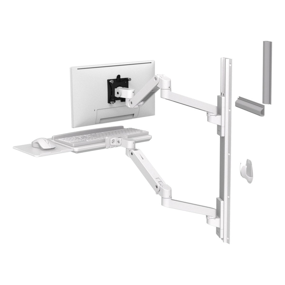 Ergotron LX Pro Wall Mount System in white, side view showing the monitor arm and keyboard arm on the wall track