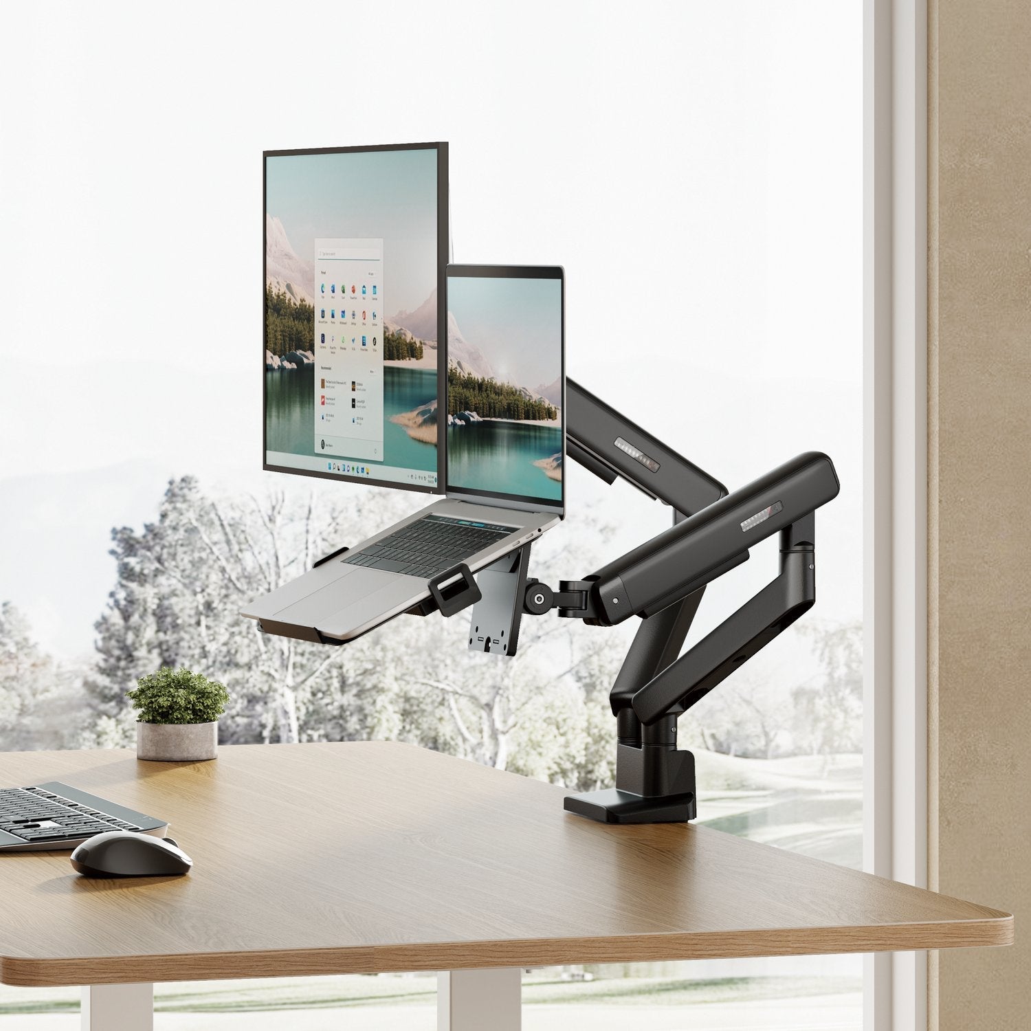 Float Dual Monitor Arm at a workstation beside a window - Chair Dinkum