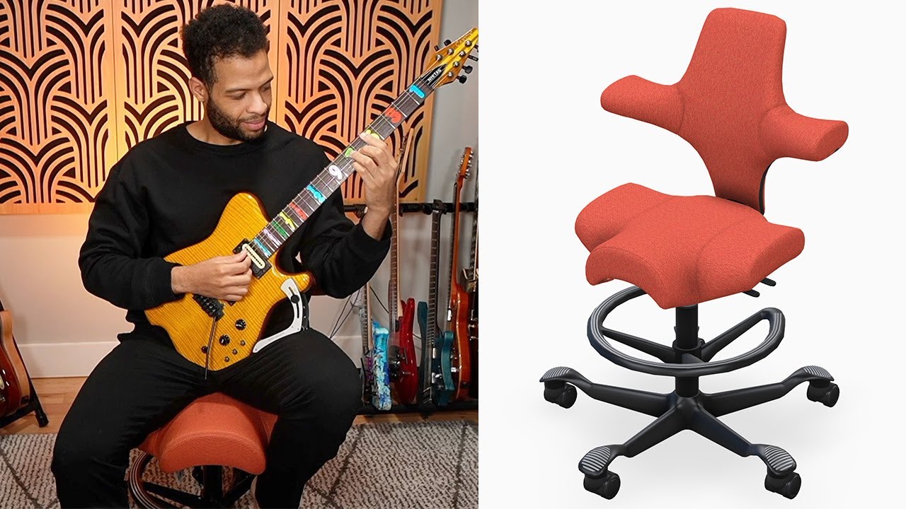 Guitarist reviewing HAG Capisco chair for playing guitar showing ergonomic benefits for musicians - Chair Dinkum Australia