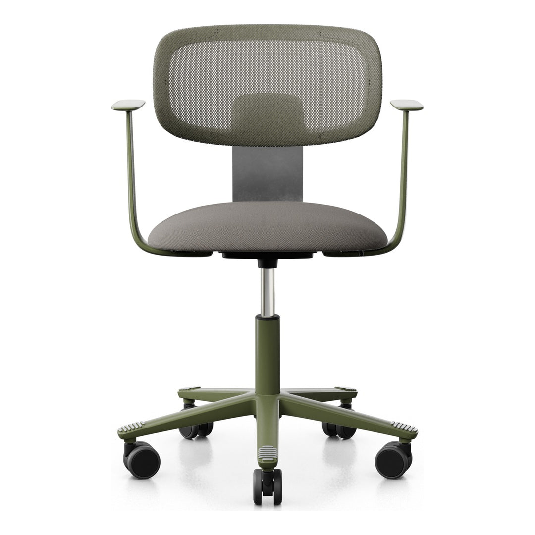 HÅG Tion 2340 Mesh with beige-grey seat, grey-brown mesh back, moss grey frame and base and polished back stem, front three-quarter view - Chair Dinkum Australia