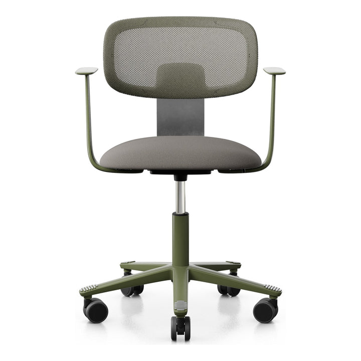 HÅG Tion 2340 Mesh with beige-grey seat, grey-brown mesh back, moss grey frame and base and polished back stem, front three-quarter view - Chair Dinkum Australia