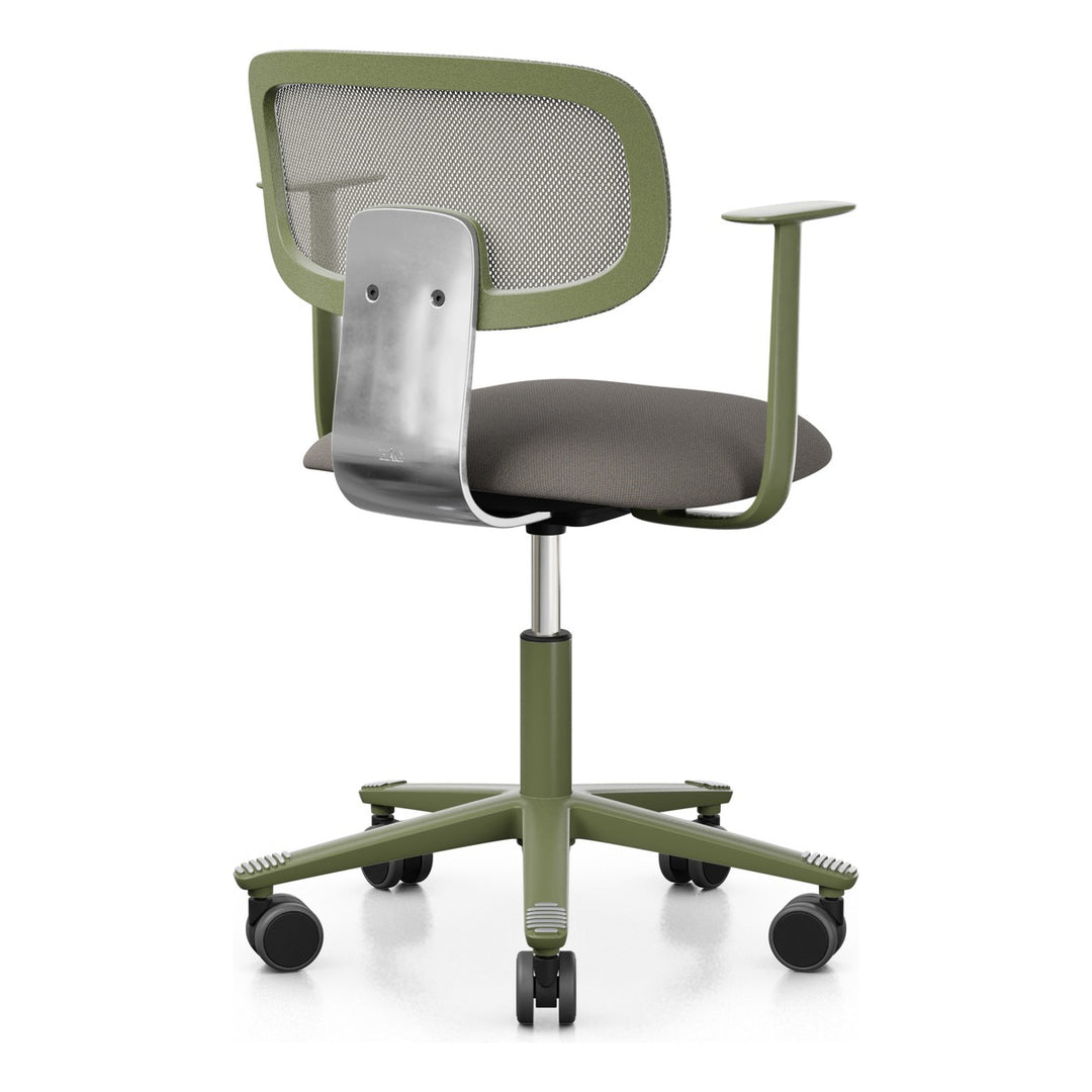 HÅG Tion 2340 Mesh with beige-grey seat, grey-brown mesh back, moss grey frame and base and polished back stem, rear three-quarter view - Chair Dinkum Australia