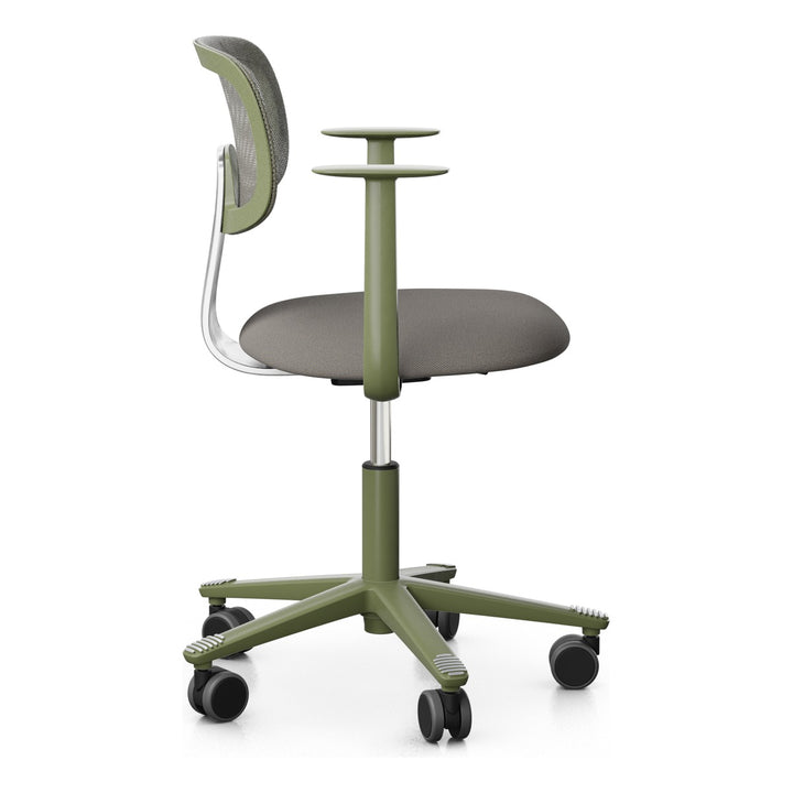 HÅG Tion 2340 Mesh with beige-grey seat, grey-brown mesh back, moss grey frame and base and polished back stem, side view - Chair Dinkum Australia