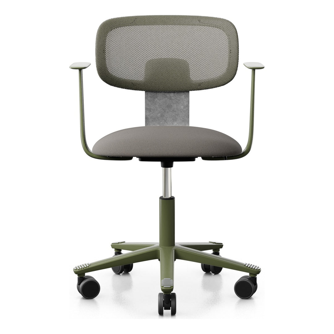 HÅG Tion 2340 Mesh with beige-grey seat, grey-brown mesh back, moss grey frame and base and tumbled aluminium back stem, front three-quarter view - Chair Dinkum Australia