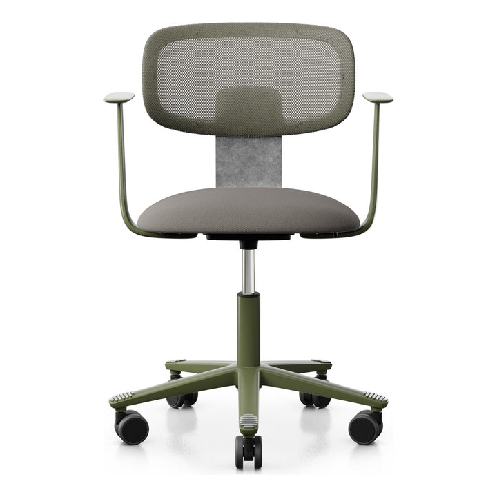 HÅG Tion 2340 Mesh with beige-grey seat, grey-brown mesh back, moss grey frame and base and tumbled aluminium back stem, front three-quarter view - Chair Dinkum Australia