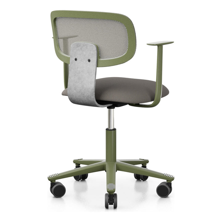 HÅG Tion 2340 Mesh with beige-grey seat, grey-brown mesh back, moss grey frame and base and tumbled aluminium back stem, rear three-quarter view - Chair Dinkum Australia