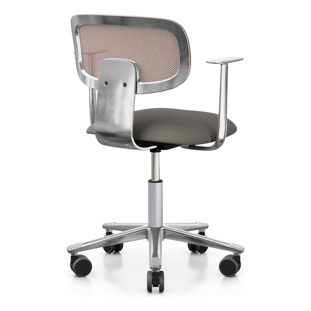 HÅG Tion 2340 Mesh with chestnut mesh back and polished aluminium frame, stem and base, rear three-quarter view - Chair Dinkum Australia